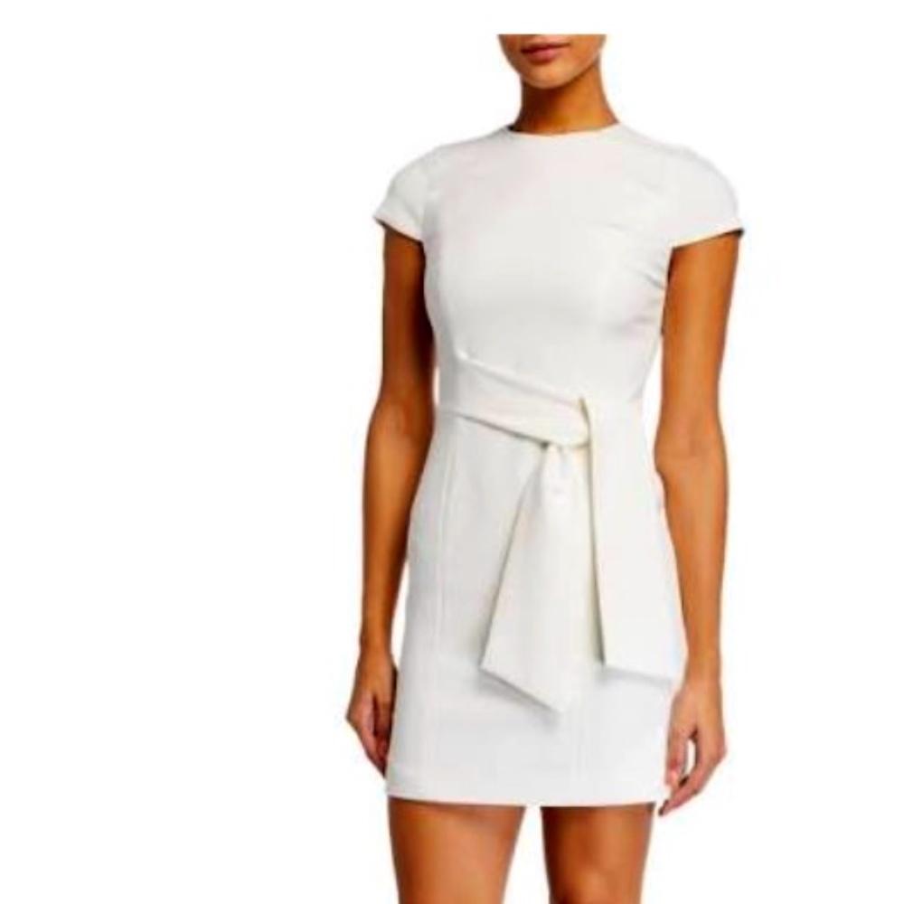 Alice + Olivia Virgil Crewneck Dress w/ Wrap Belt, White, Women's, 4